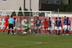 Bayernliga Süd - Saison 2021/2022 - FC Ingolstadt 04 II - Schwaben Augsburg - Der 2:0 Führungstreffer per Freistoss durch Cavadias Fabian (#5 FCI) - jubel - Patrick Rösch Torwart Augsburg - Foto: Meyer Jürgen