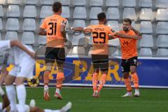 3.Liga - Saison 2023/2024 - SC Freiburg II - FC Ingolstadt 04 - Der 0:3 Führungstreffer durch Yannick Deichmann (Nr.20 - FCI) - jubel - David Kopacz (Nr.29 - FCI) - Julian  Klügl (Nr.31 - FCI) -  - Foto: Meyer Jürgen
