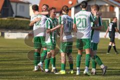 Landesliga - Saison 2025/26 - SV Manching - TSV Schwabmünchen - Marcel Posselt (Nr.12 - SV Manching) mit dem 1:1 Ausgleichstreffer - jubel  - Leon Peric (Nr.20 - SV Manching) - Johannes  Dexl (Nr.13 - SV Manching) - Daniel Schweiger (Nr.11 - SV Manching) 