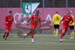 Bayernliga Süd - Saison 2022/2023 - FC Ingolstadt 04 - SV Kirchanschöring - Der 1:0 Führungstreffer durch Mussa Fofanah (Nr.7 - FCI II) - jubel - Renato Domislic (Nr.17 - FCI II) - Fabio Riedl (Nr.24 - FCI II) rechts - Foto: Meyer Jürgen