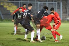 Bayernliga Süd - Saison 2022/2023 - FC Ingolstadt 04 -  VFB Hallbergmoos - Gashi Egson (Nr.9 - Fc Ingolstadt 04 II) - Karaogul Ishak (Nr.10 - Fc Ingolstadt 04 II) - Brandon Happi Monthe schwarz Hallbergmoos - Foto: Meyer Jürgen