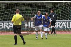 Kreisklasse -  Saison 2023/2024 - DJK Ingolstadt - FC Tegernbach - Der 1:1 Ausgleichstreffer durch Vasile Serban blau DJK Ingolstadt - Lukas Heinziger Torwart Tegernbach - jubel - Isa Gashi blau DJK Ingolstadt - Foto: Meyer Jürgen