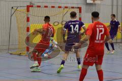 Lotto - Hallen - Bayerncup -  Saison 2022/2023 - FC Fatih Ingolstadt - MTV Ingolstadt - Finale -  Marco Ernhofer Torwart Fatih - Sebastian Rutkowski #14 lila MTV Ing schießt ein Tor - Jubel - -Alen Pataki rot #10 Fatih -  - Foto: Meyer Jürgen