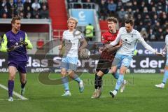 3. Liga; FC Ingolstadt 04 - TSV 1860 München; Calvin Brackelmann (17, FCI) kommt zu spät, Hiller Marco (1 TSV) Verlaat Jesper (4 TSV) Bär Marcel (15 TSV)
