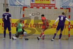 Lotto - Hallen - Bayerncup -  Saison 2022/2023 - FC Fatih Ingolstadt - MTV Ingolstadt - Finale -  Ivan Covic Torwart MTV Ing - Akio Abasikeles rot Fatih #11 schießt ein Tor — Jubel -  Dramen Lovric lila #8 MTV Ing -  - Foto: Meyer Jürgen