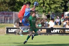 Freundschaftsspiel - Saison 2023/2024 - SV Manching - FC Ingolstadt 04 - Michael Udebuluzor (Nr.24 - FCI U21) - Torwart Sebastian Stegert (Nr.1 - SV Manching) - Joahnnes Dexl (Nr.13 - SV Manching) -  - Foto: Meyer Jürgen