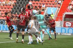 3.Liga - Saison 2022/2023 - FC Ingolstadt 04 -  1. FC Saarbrücken - Visar Musliu (Nr.16 - FCI) - Torwart Daniel Batz (Nr.1 - 1. FC Saarbrücken) - Pascal Testroet (Nr.37 - FCI) - Foto: Meyer Jürgen
