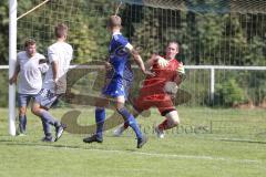 Kreisliga - Saison 2023/2024 - TSV Ober/Unterh.stadt- TSV Mümchsmünster - Simon Bellinghausen blau Oberhstadt - Michael Baumgartner Torwart M.Münster - Foto: Meyer Jürgen