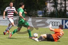 Bezirksliga - Saison 2024/25 - Freundschaftsspiel - FC Gerolfing - SV Kasing - Anastasios Porfyriadis (Nr.27 - FC Gerolfing) - Torwart Michael Wegele (Nr.32 - SV Kasing) - Foto: Meyer Jürgen
