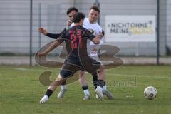 Bayernliga Nord - Saison 2025/26 - FC Ingolstadt 04 II - SpVgg Bayern Hof - Muhammed Atak (Nr.2 - FC Ingolstadt II) - Leon Haas (Nr.21 - FC Ingolstadt II) - Johann Saalfrank weiss Bayern Hof - Foto: Meyer Jürgen