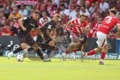 3. Liga - Saison 2025/26 - Energie Cottbus - FC Ingolstadt 04  - Mads Borchers (Nr.9 - FC Ingolstadt 04) - Yannick  Deichmann (Nr.20 - FC Ingolstadt 04) - Foto: Meyer Jürgen