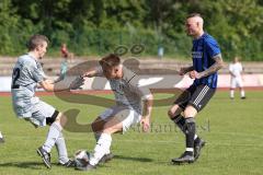 Kreisliga - Saison 2022/2023 - DJK Ingolstadt - SV Sandersdorf -  Philipp Roeckl Torwart DJK Ing - Christoph Handl weiss DJK Ing - Sandro Rott blau Sandersdorf.  Foto: Meyer Jürgen