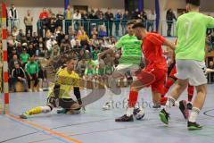 Lotto - Hallen - Bayerncup - Oberbayern -  Saison 2022/2023  - FC Fatih Ing - FC Penzberg - Finale - 1:0 - Mehmet Sin rot Fatih - Martin Meier Torwart Penzberg -  - Foto: Meyer Jürgen