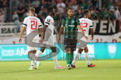 3.Liga - Saison 2023/2024 - Preußen Münster - FC Ingolstadt 04 - Das Spiel ist aus - Tobias Schröck (Nr.21 - FCI) - Donald Nduka (Nr.27 - FCI) - Marcel Costly (Nr.22 - FCI) - enttäuschte Gesichter - Foto: Meyer Jürgen