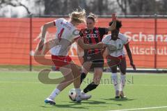 2. Bundesliga Frauen - Saison 2024/25 - FC Ingolstadt 04 Frauen - SC Freiburg II - Nadja Burkhard (Nr.7 - FCI Frauen) - Sadikou Nailatou weiss Freiburg - Maas Mia-Lena weiss #4 Freiburg - Foto: Meyer Jürgen