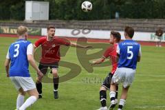 Kreisklasse -  Saison 2023/2024 - DJK Ingolstadt - FC Tegernbach - Der 0:1 Führungstreffer durch Thomas Maier rot Tegernbach - jubel - Marius Kniesel blau #5 DJK Ingolstadt - Alexander Reiff blau #3 DJK Ingolstadt - Foto: Meyer Jürgen