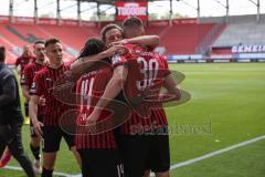 3. Liga - FC Ingolstadt 04 - TSV 1860 München - Stefan Kutschke (30, FCI) köpft zum 1:0 Tor Jubel Caniggia Ginola Elva (14, FCI) Marcel Gaus (19, FCI) Dominik Franke (3 FCI)