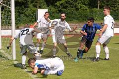 Kreisliga - Saison 2022/2023 - DJK Ingolstadt - SV Sandersdorf - - Florian Dormeier weiss DJK Ing am Boden -  Philipp Roeckl Torwart DJK Ing - Andreas Winkler blau Sandersdorf - Foto: Meyer Jürgen