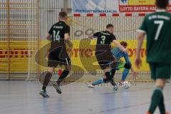 Lotto - Hallen - Bayerncup -  Saison 2022/2023 SV Manching - TSV Denkendorf -  Johann Rybalko schwarz Manching #3 schießt ein Tor - jubel - Lukas Schießl Torwart TSV Denkendorf - Foto: Meyer Jürgen