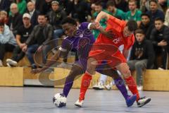 Lotto - Hallen - Bayerncup - Oberbayern -  Saison 2022/2023  - FC Fatih Ing - MTV Ingolstadt - 2:0 - Halbfinale - Maximilian Kalus #15 rot Fatih Ing - Juvencio Boa lila MTV Ing -  Foto: Meyer Jürgen