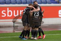 3. Liga - MSV Duisburg - FC Ingolstadt 04 - Tor Jubel Marcel Gaus (19, FCI) mit Filip Bilbija (35, FCI) Stefan Kutschke (30, FCI) Robin Krauße (23, FCI)