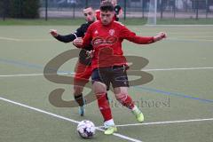 Bezirksliga - 2022/2023 - FC Fatih Ingolstadt - SpVgg Feldmoching - Quirin Nuber schwarz Fatih - Dogukan Numcu rot Feldmoching - Foto: Meyer Jürgen