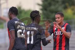 *** Bayernliga Nord - Saison 2025/26 - FC Ingolstadt 04 II - Jahn Regensburg II - Der 1:1 Ausgleichstreffer durch Ognjen Draculic (Nr.9 - FC Ingolstadt II) - jubel - Micah Ham (Nr.25 - FC Ingolstadt II) - Jason Osei Tutu (Nr.11 - FC Ingolstadt II) - Foto:
