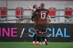 3. Liga - Saison 2026/27 - FC Ingolstadt 04 - TSG Hoffenheim II - Nishan Velupillay (Nr.28 - FCI) mit dem 1:0 Führungstreffer - jubel - Yannick Deichmann (Nr.20 - FCI) - Lars Lokotsch (Nr.13 - FCI) - Foto: Meyer Jürgen
