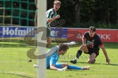 Landesliga - Saison 2025/26 - SV Manching - FC Sonthofen - Luca Bienek (Nr.16 - SV Manching) mit dem 1:2 Anschlusstreffer - jubel - Blaku Diar schwarz Sonthofen - Zettler Marco Torwart Sonthofen - Foto: Meyer Jürgen