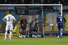 3. Liga; SV Waldhof Mannheim - FC Ingolstadt 04; Elfmeter Tor 3:1 für Mannheim, Bahn Bentley Baxter (9 WM) Torwart Marius Funk (1, FCI) Malachowski Adrian (4 WM) Dominik Franke (3 FCI)