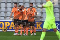 3.Liga - Saison 2023/2024 - SC Freiburg II - FC Ingolstadt 04 - Der 0:3 Führungstreffer durch Yannick Deichmann (Nr.20 - FCI) - jubel - David Kopacz (Nr.29 - FCI) - Julian  Klügl (Nr.31 - FCI) - Benjamin Kanuric (Nr.8 - FCI) - Moritz Seiffert (Nr.23 - FCI