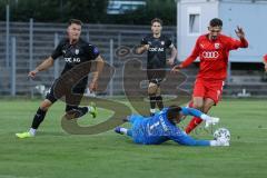 Bayernliga Süd - Saison 2022/2023 - FC Ingolstadt 04 - SV Erlbach - Arian Llugiqi rot FCI - Welder de Souza Lima Torwart Erlbach - Foto: Meyer Jürgen