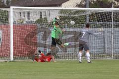 Bayernliga Süd - Saison 2021/2022 - FC Ingolstadt 04 II - VfB Hallbergmoos - Martin Dinkel Torwart Hallberg - Gashi Egson (#7 FCI) mit einem Abseitstor - Foto: Meyer Jürgen