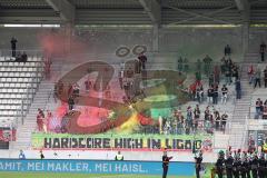 3.Liga - Saison 2022/2023 - Erzgebirge Aue - FC Ingolstadt 04 - Bengalisches Feuer - mitgereiste Fans - choreo - banner - feuer -  - Foto: Meyer Jürgen