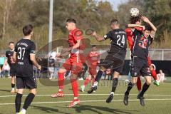 Bayernliga Süd - Saison 2022/2023 - FC Ingolstadt 04 -  TSV 1882 Landsberg - Cabrera Juan Ignacio (Nr.27 - Fc Ingolstadt 04) beim Kopfball - Gashi Egson (Nr.9 - Fc Ingolstadt 04 II) - Krautschneider Steffen #19 Landsberg - Benede  Aquayo #24 Landsberg - F