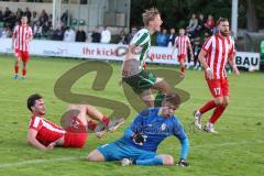 Landesliga - Saison 2025/26 - SV Manching - TSV Dachau  - Kerim Özdemir rot Dachau - Torwart Marco Jakob Dachau - Rainer Meisinger (Nr.8 - SV Manching) mit einer Torchance - Enttäuscht - Foto: Meyer Jürgen