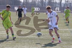 U17 DFB-Nachwuchsliga - Saison 2024/25 - FC Ingolstadt 04 - TSG Hoffenheim - Alexander Meyer weiss FCI - Maximilian Theuer gelb Hoffenheim - Foto: Meyer Jürgen