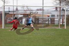 A-Klasse -  Saison 2025/26- TSV Baar/Ebenhausen - SV Manching II - Tim Pfallinger rot Ebenhausen mit einer Torchance - Niklas Märkl TW Manching - Foto: Meyer Jürgen