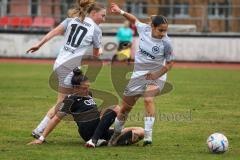 2. Fußball-Liga - Frauen - Saison 2022/2023 - FC Ingolstadt 04 - Eintracht Frankfurt II - Acikgöz IIayda #14 weiss Frankfurt rechts - Nachtigall Sophie weiss #10 Frankfurt - Samantha Stiglmair (Nr.27 - FCI Frauen) - Foto: Meyer Jürgen