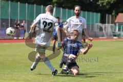 Kreisliga - Saison 2022/2023 - DJK Ingolstadt - SV Sandersdorf - Matthias Scharlach blau Sandersdorf - Max Auernhammer weiss mitte DJK Ing - Philipp Roeckl #22 Torwart DJK Ing - Foto: Meyer Jürgen