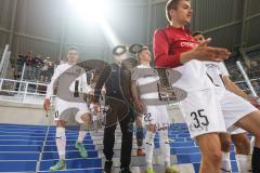 2.BL; Karlsruher SC - FC Ingolstadt 04; Abstieg in die dritte Liga, hängende Köpfe, Spieler bedanken sich bei den Fans Stefan Kutschke (30, FCI) Michael Heinloth (17, FCI) Christian Gebauer (22, FCI) Filip Bilbija (35, FCI)