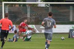 Landesliga - Saison 2025/26 - SV Manching - TSV Jetzendorf - Thomas Obermeier Torwart Manching - Nico Daffner (Nr.14 - SV Manching) - Hannes Frank grau Jetzendorf - Foto: Meyer Jürgen