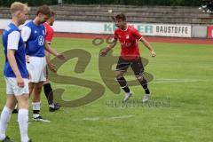 Kreisklasse -  Saison 2023/2024 - DJK Ingolstadt - FC Tegernbach - Der 0:1 Führungstreffer durch Thomas Maier rot Tegernbach - jubel - Marius Kniesel blau #5 DJK Ingolstadt - Alexander Reiff blau #3 DJK Ingolstadt - Christoph Ratberger rot rechts Tegernba