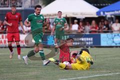 * Testspiel - 3. Liga - Saison 2025/26 - FC Ingolstadt 04 - VFB Eichstätt - Deniz Zeitler (Nr.38 - FC Ingolstadt 04) - Daniel Spies (Nr.4 - VFB Eichstätt) - Torwart Felix Junghans (Nr.1 - VFB Eichstätt) - Foto: Meyer Jürgen