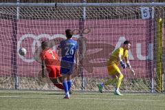 Bayernliga Süd - Saison 2022/2023 - FC Ingolstadt 04 - FC Deisenhofen -Der 1:0 Führungstreffer durch Mussa Fofanah (Nr.7 - FCI II) - Enrico Caruso Torwart Deisenhofen - Niklas Sagner blau Deisenhofen - jubel -  Foto: Meyer Jürgen