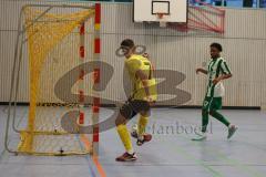 Lotto Bayern Hallencup - Lindenkreuzhalle Saison 2024/25 - FC Hitzhofen - SV Manching - Thomas Geisler TW Manching - Tobias Dietze gelb Hitzhofen mit einem Tor - jubel -  - Foto: Meyer Jürgen