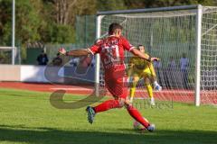 Bezirksliga - Saison 2022/2023 - FC Fatih Ingolstadt - SV Manching  - Nikolaos Saridis rot FC Fatih - Torwart Obermeier  Thomas (Nr.1 - SV Manching) - Foto: Meyer Jürgen