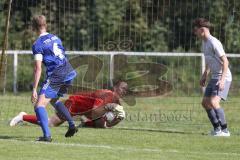 Kreisliga - Saison 2023/2024 - TSV Ober/Unterh.stadt- TSV Mümchsmünster - Simon Bellinghausen blau Oberhstadt - Michael Baumgartner Torwart M.Münster - Foto: Meyer Jürgen