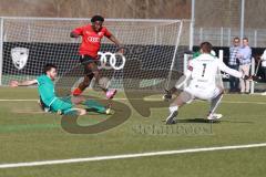 Bayernliga Nord - Saison 2023/24 - FC Ingolstadt 04 II - TSV Neudrossenfeld - Michael Udebuluzor (Nr.11 - FCI) - Gareis Daniel links Neudrossenfeld - Grüner Tobias Torwart Neudrossenfeld - Foto: Meyer Jürgen