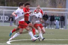 2023_10_28 - Bayernliga Nord - Saison 2023/24 - FC Ingolstadt 04 II - ASV Cham - Leandro Joaquin Kreit Casale rot FCI - Björn Zempelin links weiss Cham - Felix Voigt weiss Cham rechts - Foto: Meyer Jürgen